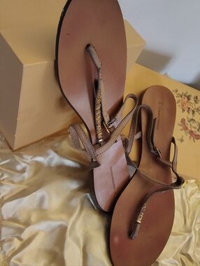 Women’s Tan Strappy Sandals Size 11 | Gold Crystal Detail | Ankle Strap | Flat